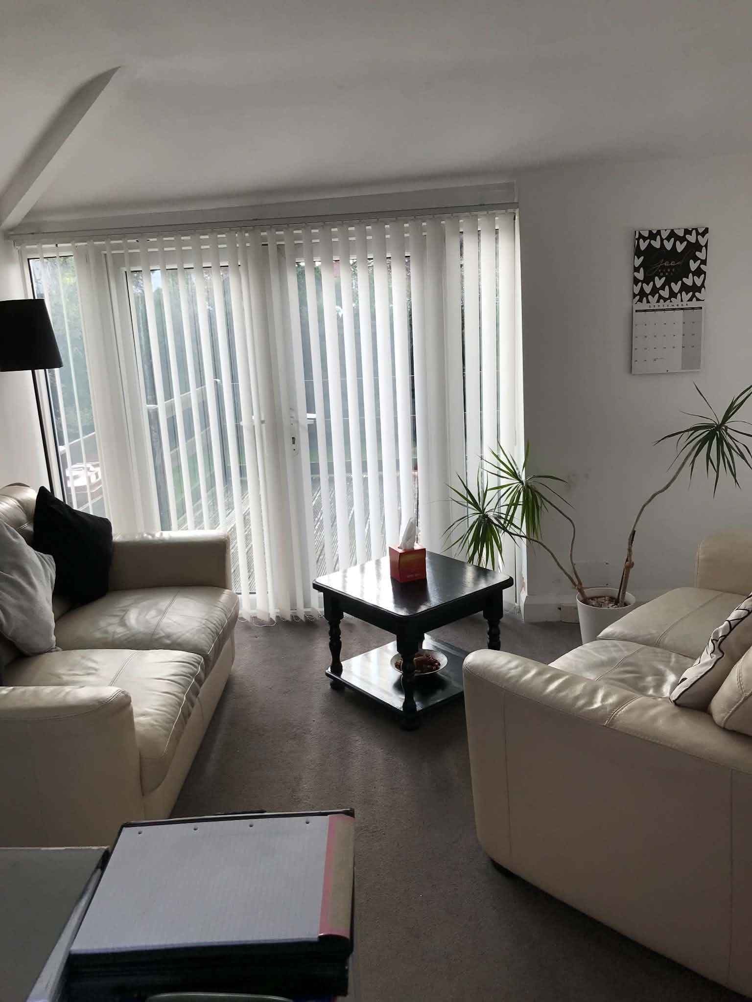 The counselling room, looking towards patio doors with blinds and a houseplant in the corner